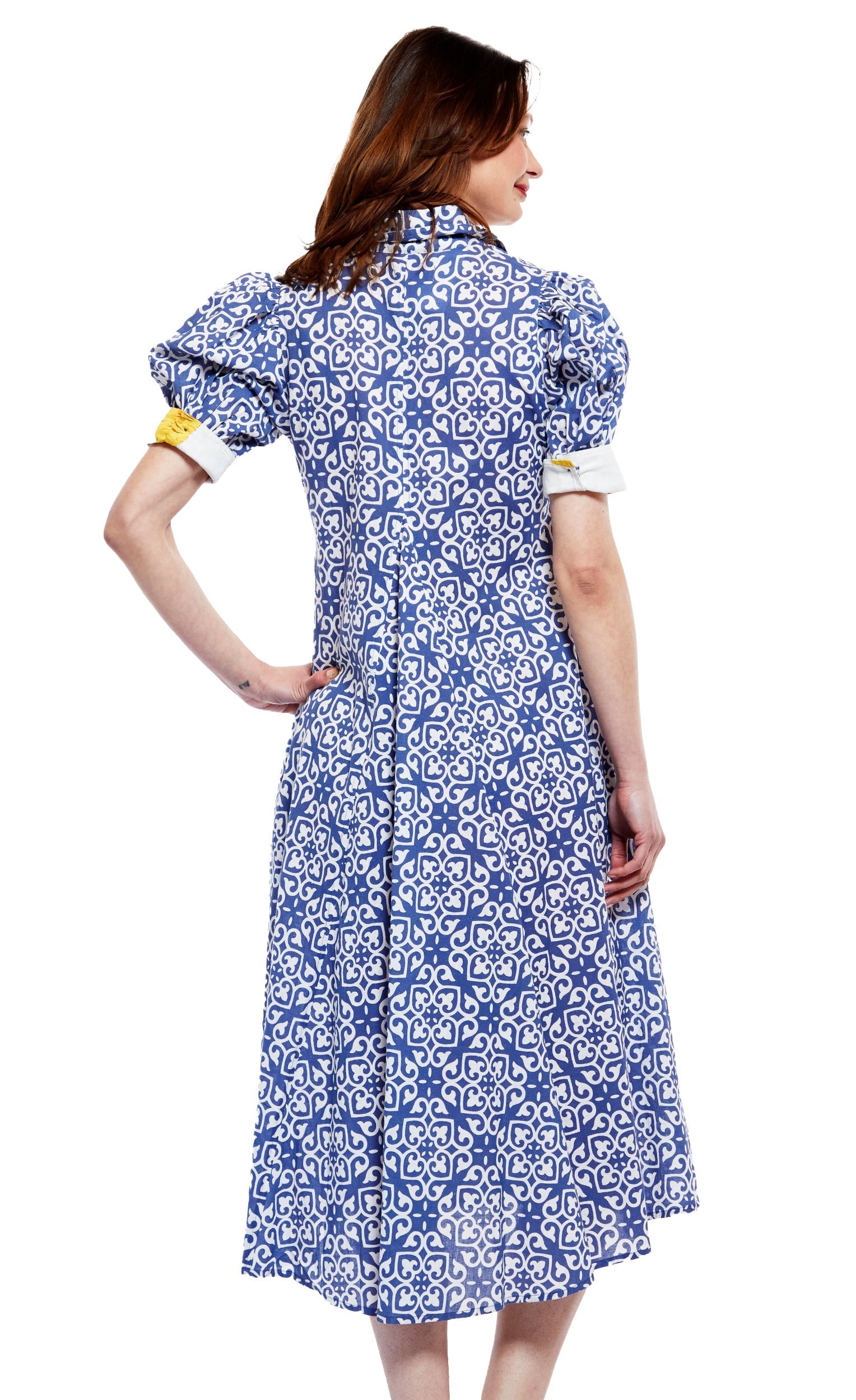 Dizzy Lizzie | Montauk Dress in Blue with White Geometric Pattern | Cloister Collection | DRESSES