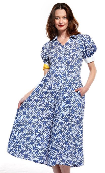 Dizzy Lizzie | Montauk Dress in Blue with White Geometric Pattern | Cloister Collection | DRESSES