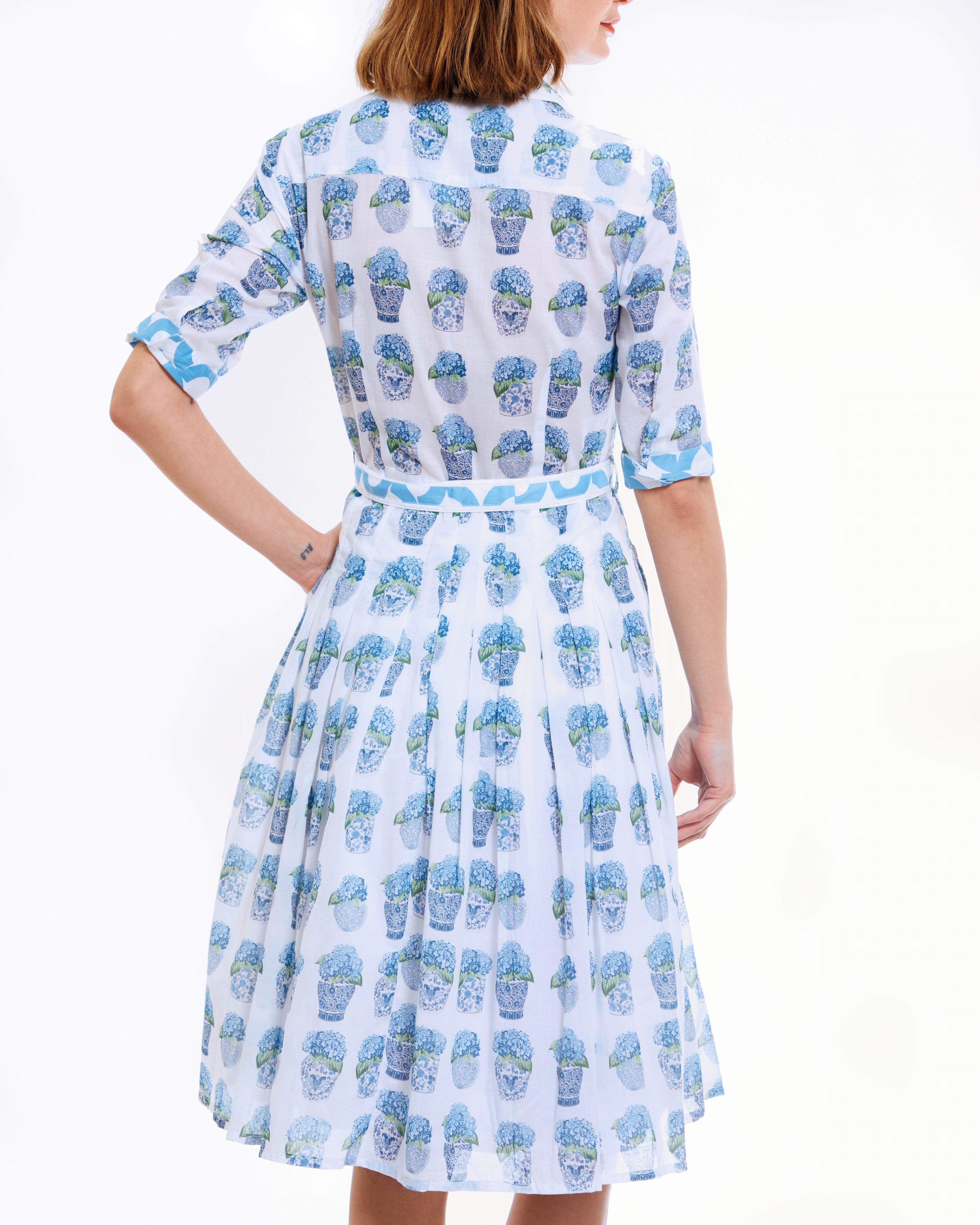 Dizzy Lizzie | Mrs Maisel Dress Chinoiserie And Hydrangeas | Cloister Collection | SHIRTS