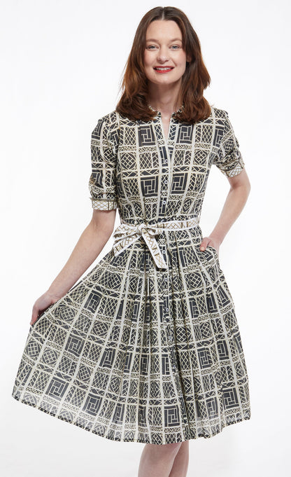 Dizzy Lizzie | Mrs Maisel Dress in Black and Beige Wicker Print | Cloister Collection | DRESSES