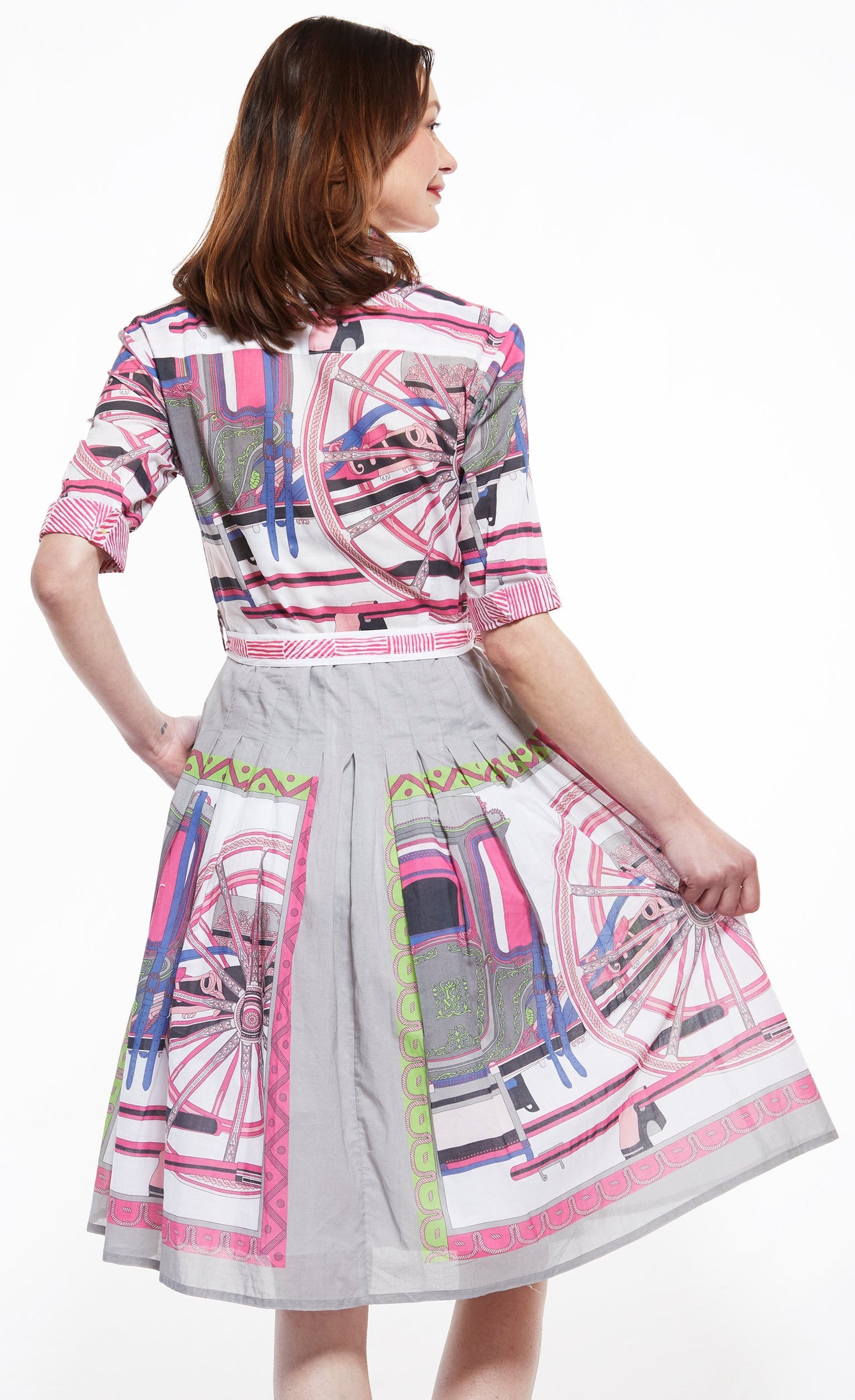 Dizzy Lizzie | Mrs. Maisel Dress with Wheel Print in Greys And Pink | Cloister Collection | DRESSES