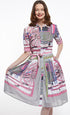 Dizzy Lizzie | Mrs. Maisel Dress with Wheel Print in Greys And Pink | Cloister Collection | DRESSES