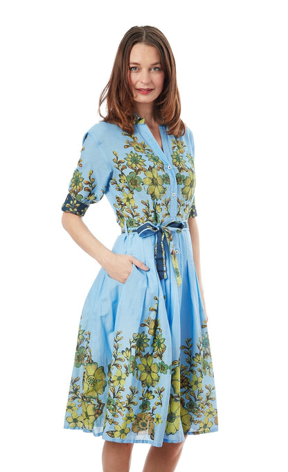 Dizzy - Lizzie | Mrs Maisel Light Blue Ground With Leaves Print | Cloister Collection | DRESSES