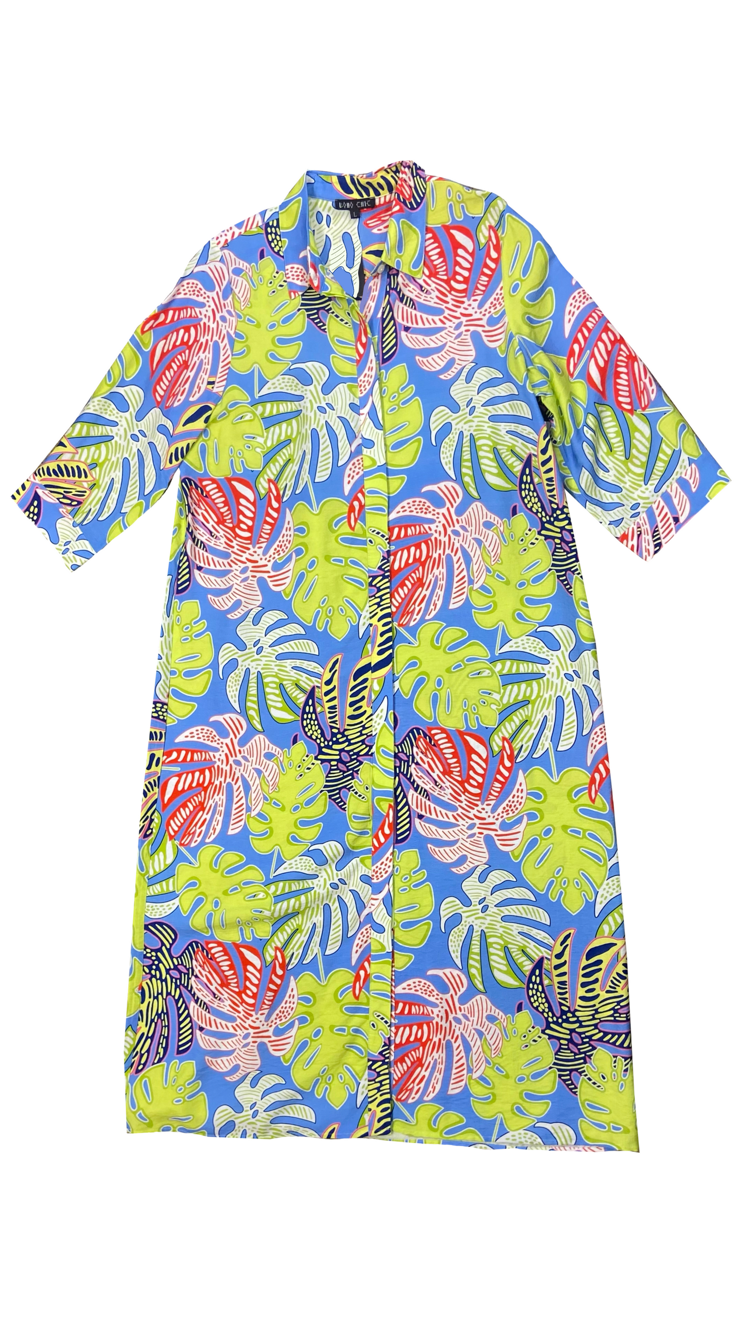 Colorful tropical patterned shirt on a white background
