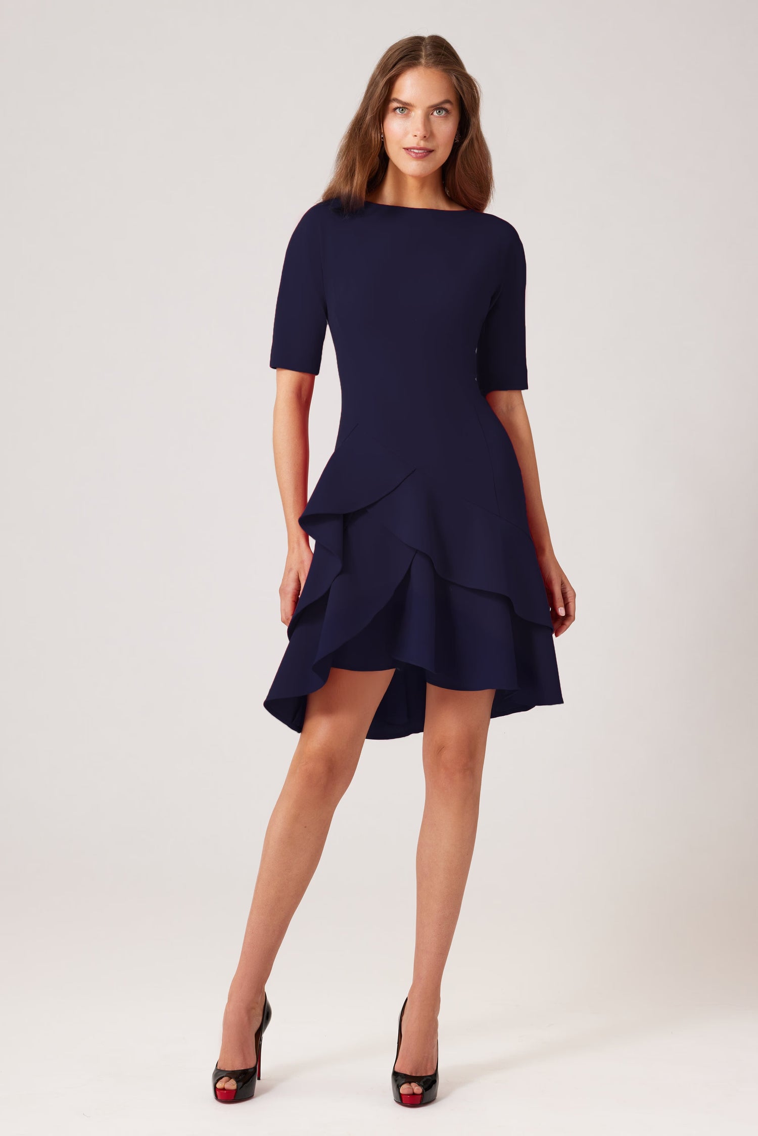 Teri Jon | Stretch Crepe Double Ruffle Hem Dress