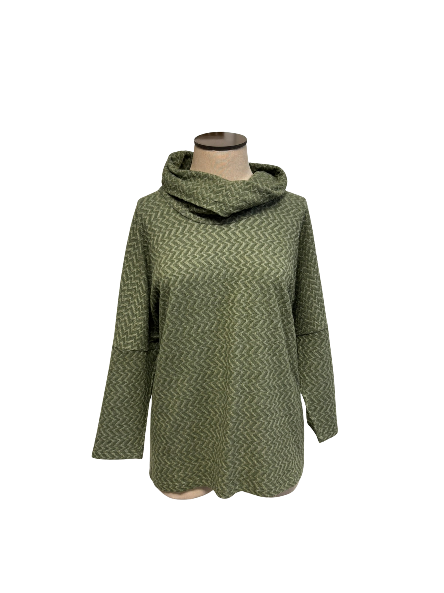 Green patterned sweater on a mannequin against a white background