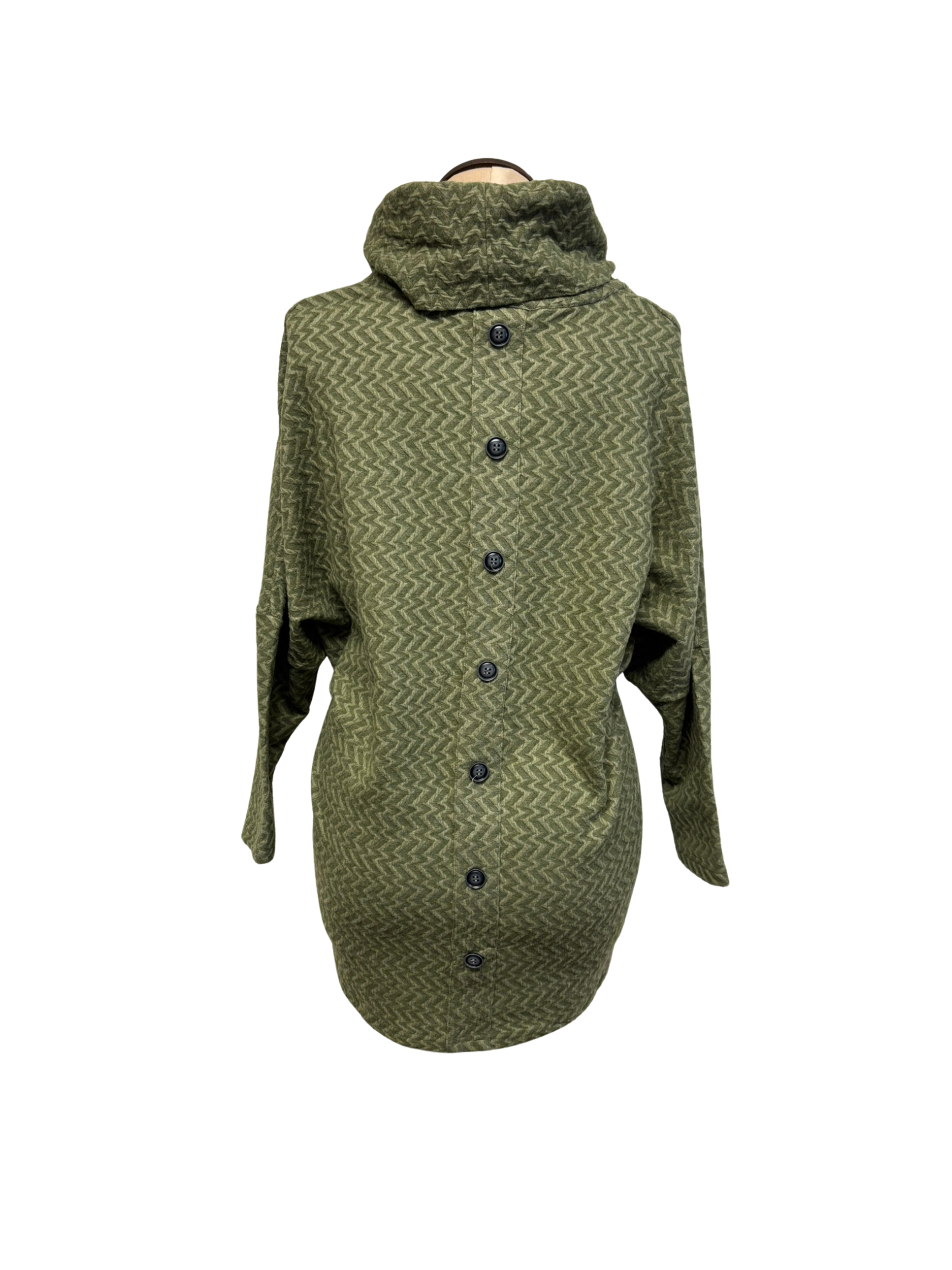 Green hooded coat with button details on a white background