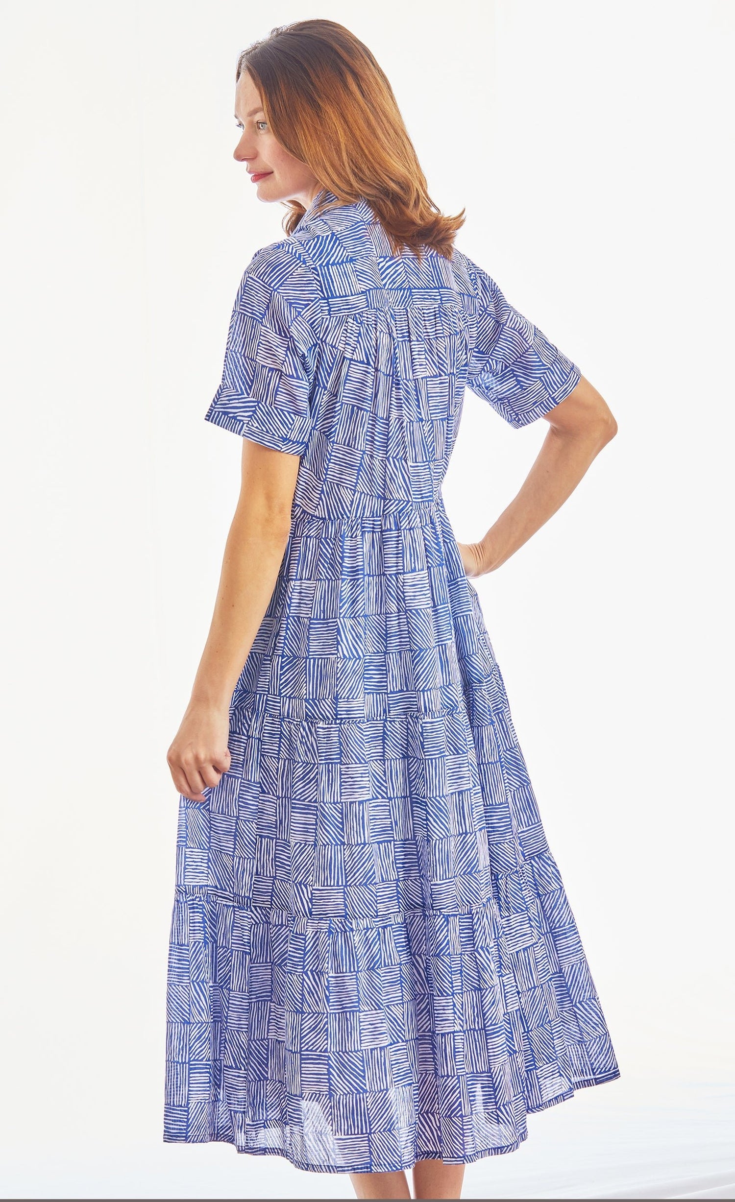 Dizzy Lizzie | Palm Desert Long Dress, Cotton Voile Navy White Criss Cross Little Boxes | Cloister Collection | DRESSES