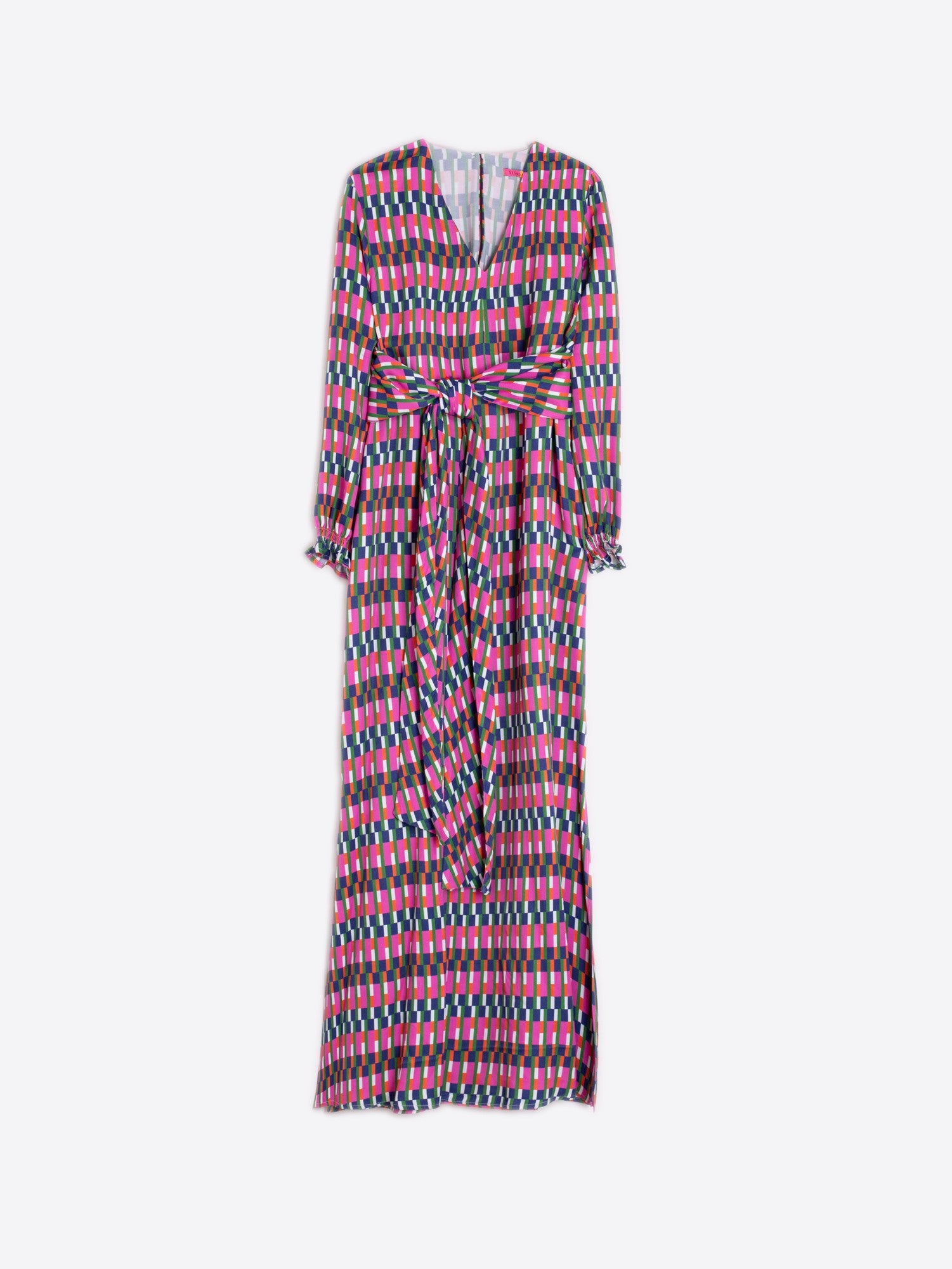 Long-sleeve dress with geometric pattern on a white background