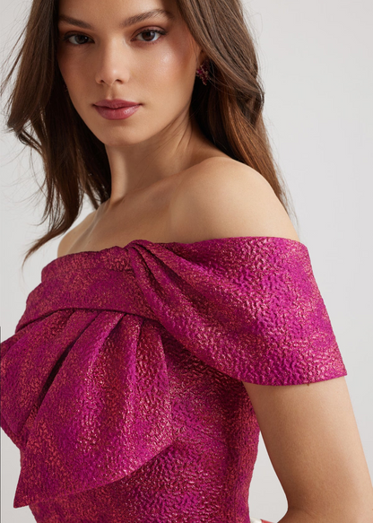 Teri Jon | Pebble Jacquard Asymmetrical Bow Dress