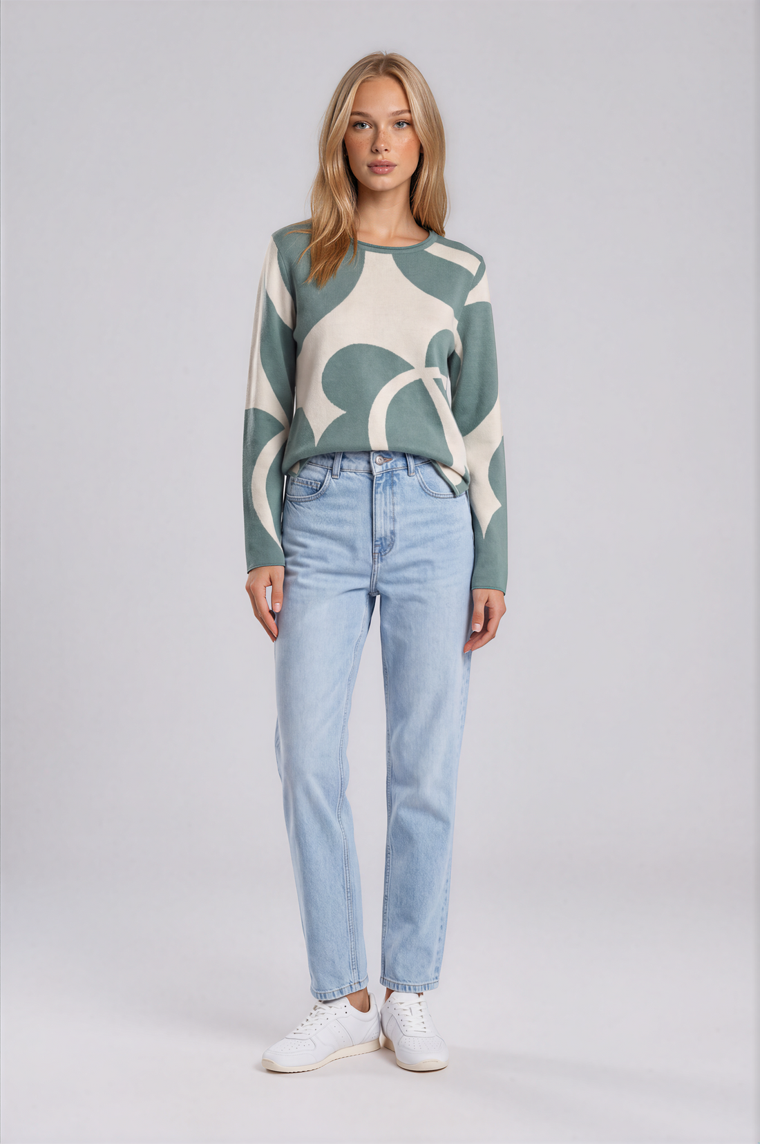 pool tile sweater sage and ivory palette with an oversized abstract floral pattern