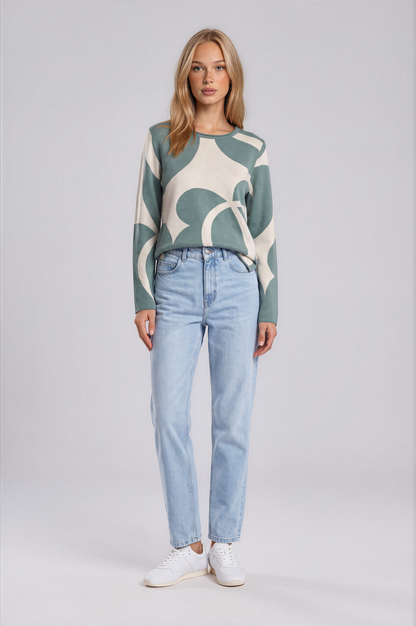 pool tile sweater sage and ivory palette with an oversized abstract floral pattern