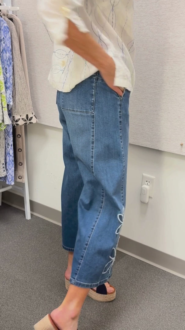 Women's Habitat Stretch Denim Tossed Flower Jean blue denim pants with a floral embroidery detail