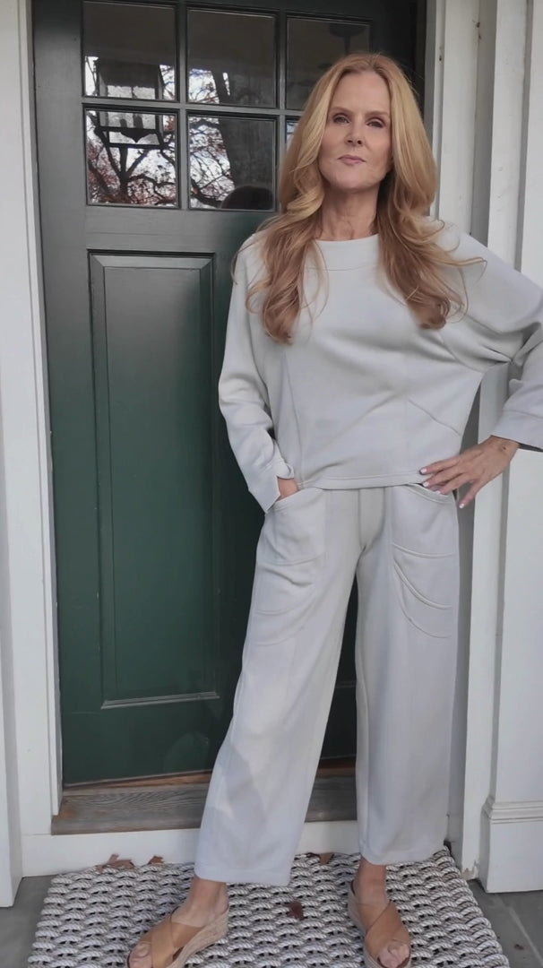 Women's Olivia By Habitat Feather Lux Knit Travel Pullover light gray sweater and pants