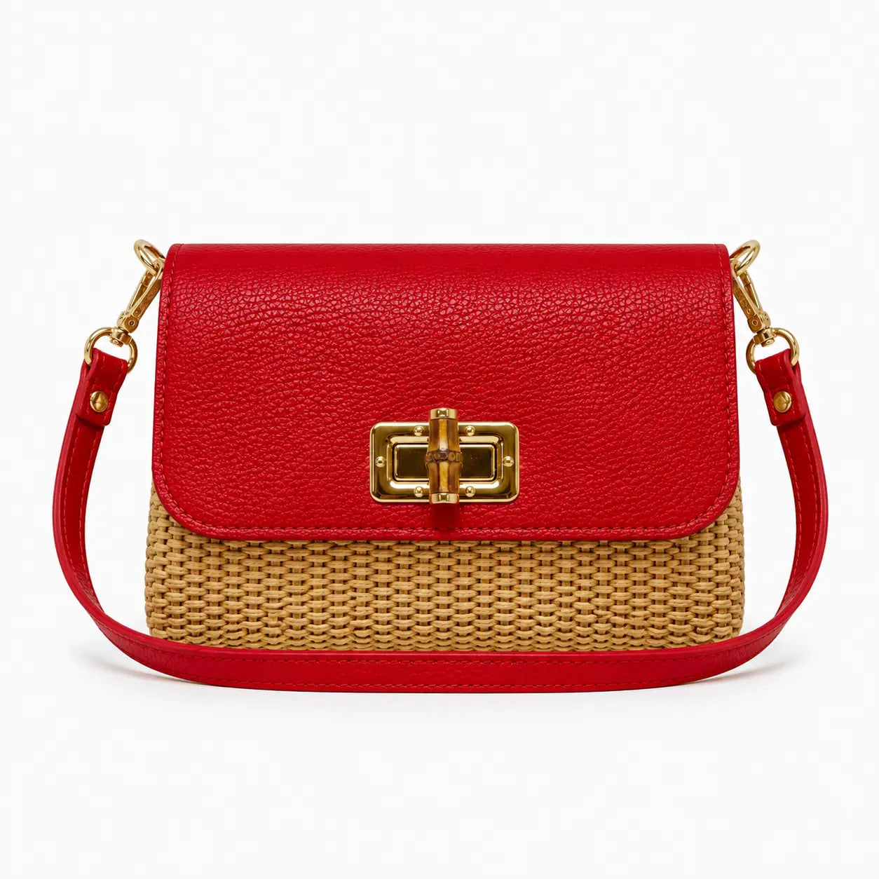 Leather Bamboo Clasp &amp; Raffia Crossbody Bag
