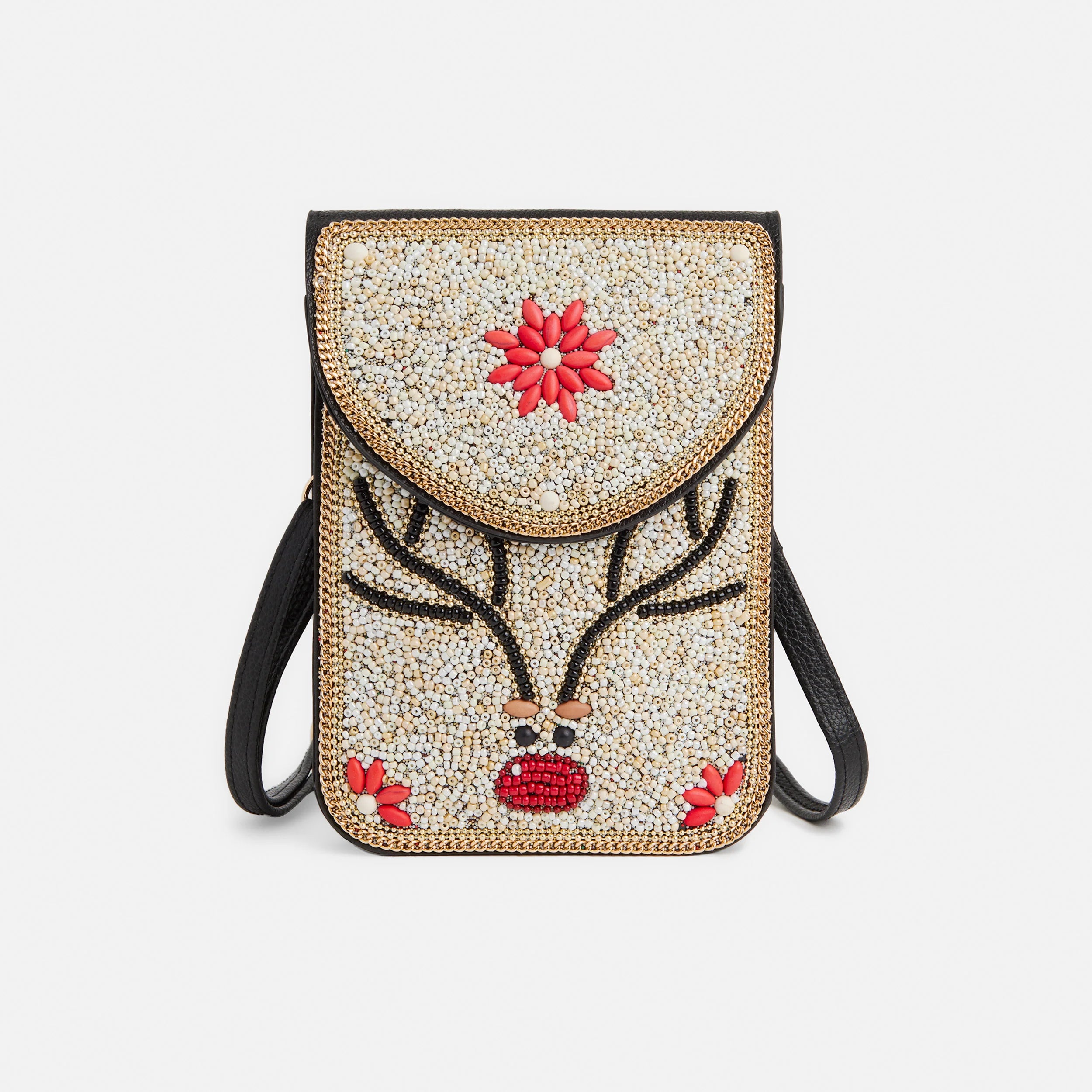 Beaded reindeer cross body with red flowers on a white background