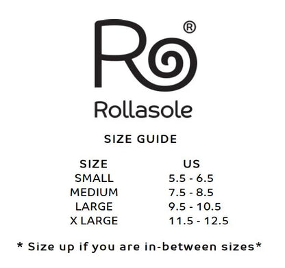 Rollasole size guide with US measurements on a white background