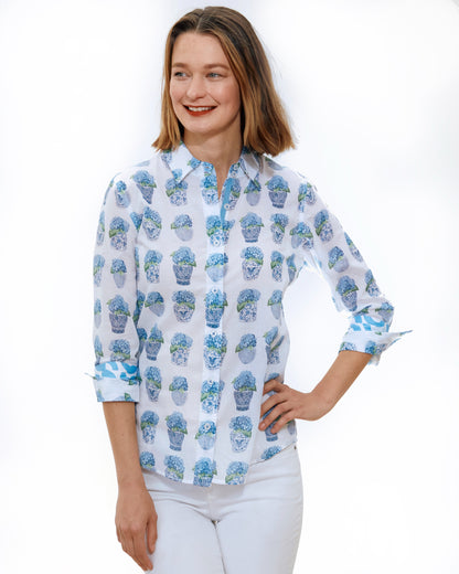 Dizzy Lizzie | Rome 3/4 Shirt Hydrangeas W Chinoiserie | Cloister Collection | SHIRTS