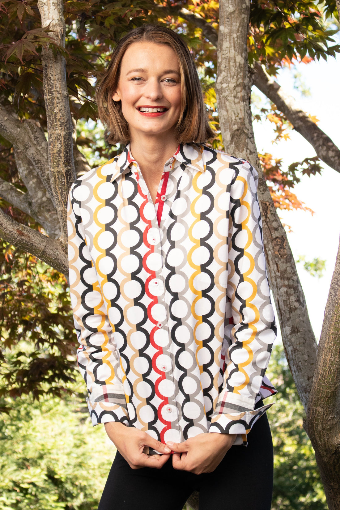 Dizzy Lizzie | Rome Shirt Fall Colors in Olympic Ring Print | Cloister Collection | SHIRTS