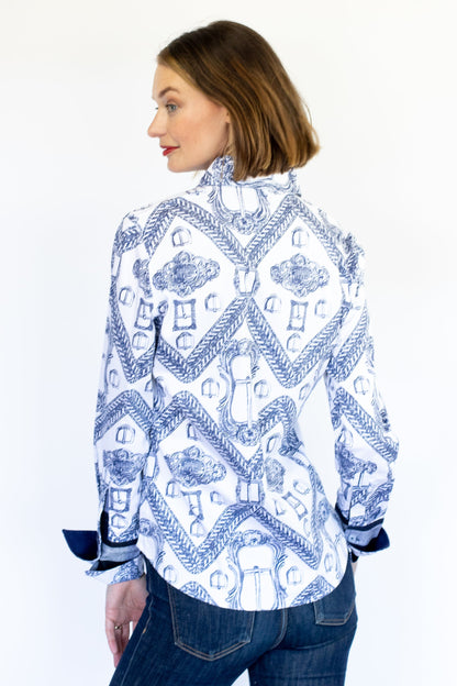Dizzy Lizzie | Rome Shirt Oversized Buckle Print Indigo and White | Cloister Collection | SHIRTS