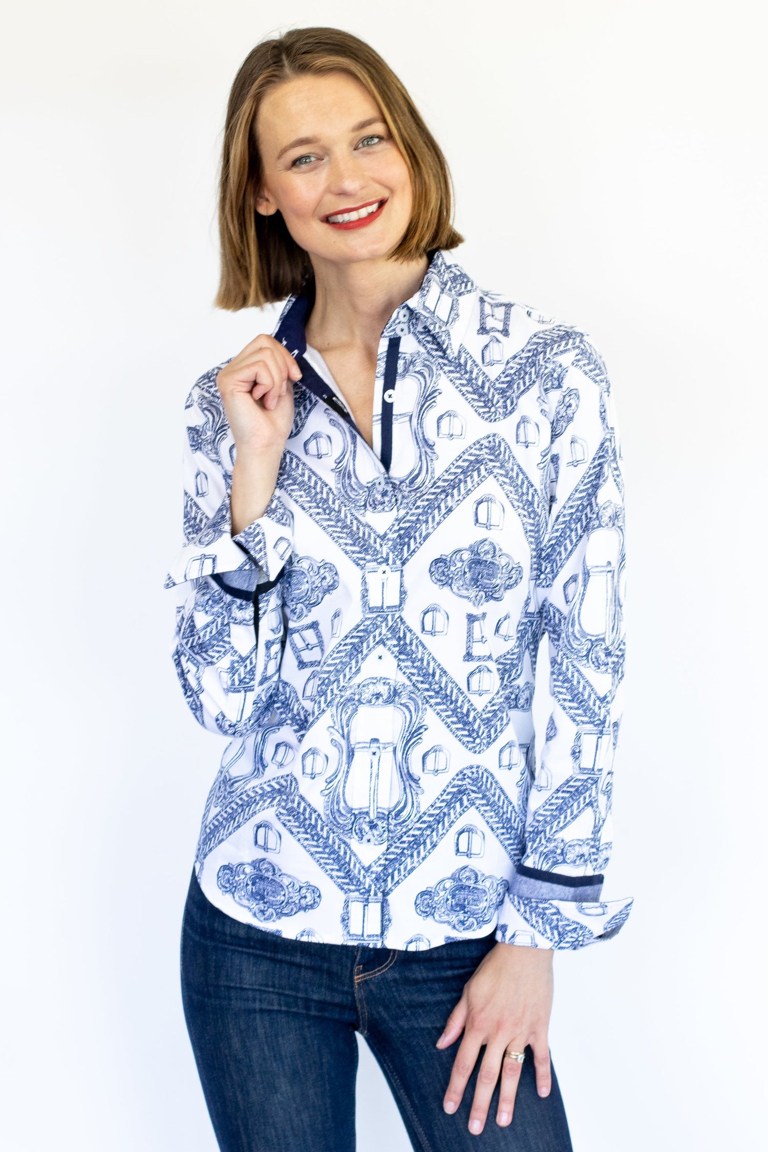 Dizzy Lizzie | Rome Shirt Oversized Buckle Print Indigo and White | Cloister Collection | SHIRTS