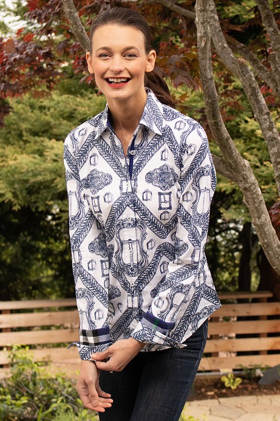 Dizzy Lizzie | Rome Shirt Oversized Buckle Print Indigo and White | Cloister Collection | SHIRTS
