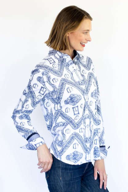 Dizzy Lizzie | Rome Shirt Oversized Buckle Print Indigo and White | Cloister Collection | SHIRTS