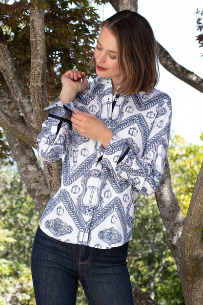 Dizzy Lizzie | Rome Shirt Oversized Buckle Print Indigo and White | Cloister Collection | SHIRTS