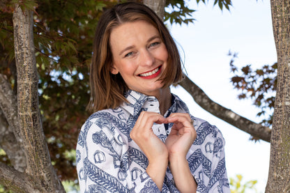 Dizzy Lizzie | Rome Shirt Oversized Buckle Print Indigo and White | Cloister Collection | SHIRTS