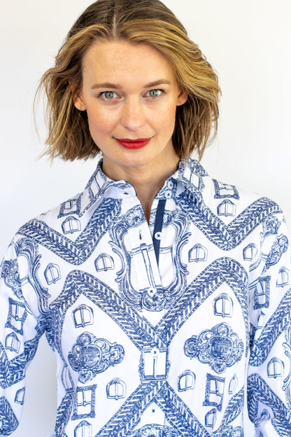 Dizzy Lizzie | Rome Shirt Oversized Buckle Print Indigo and White | Cloister Collection | SHIRTS