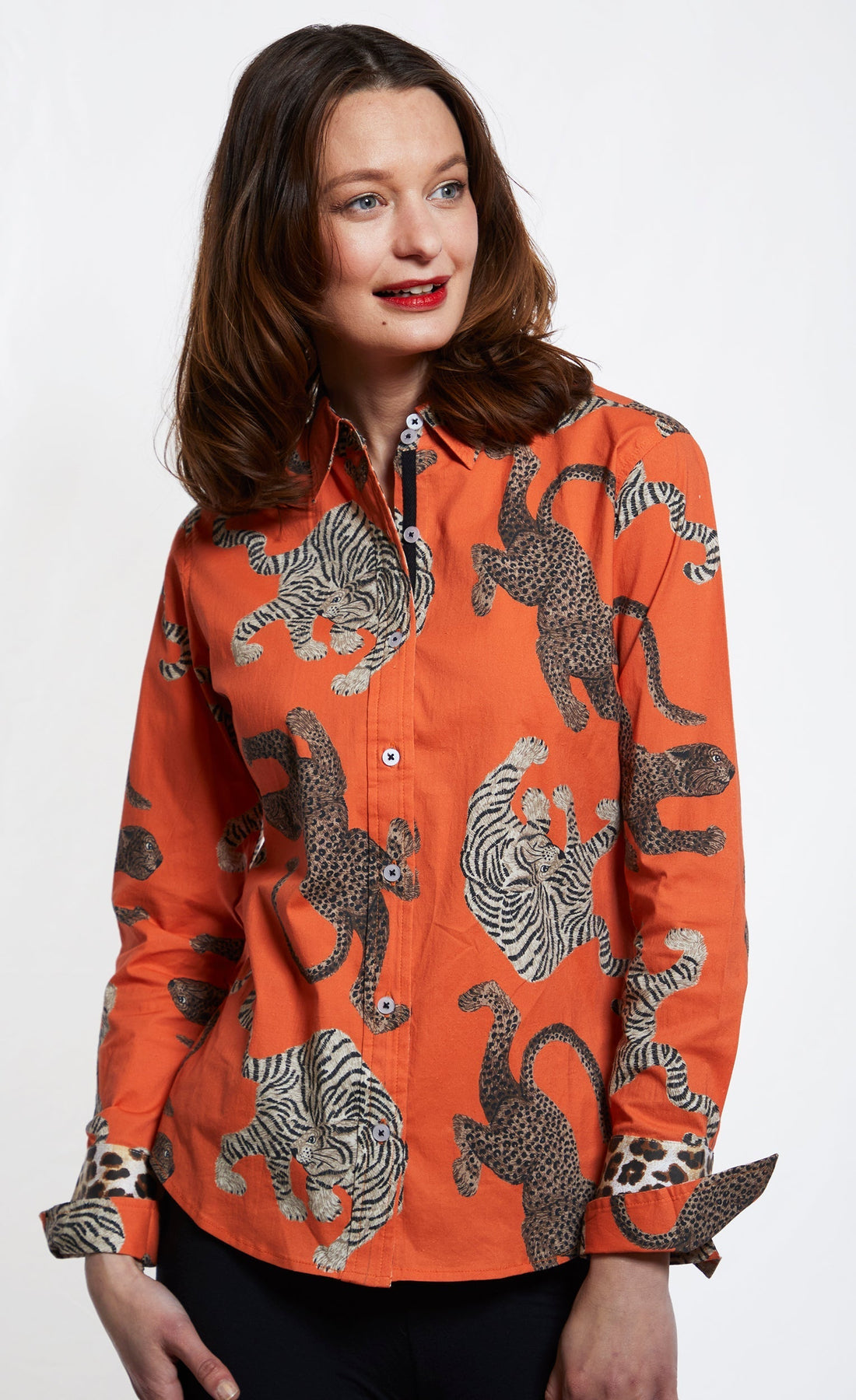 Dizzy Lizzie | Rome Shirt Rust Ground With Big Cats | Cloister Collection | SHIRT