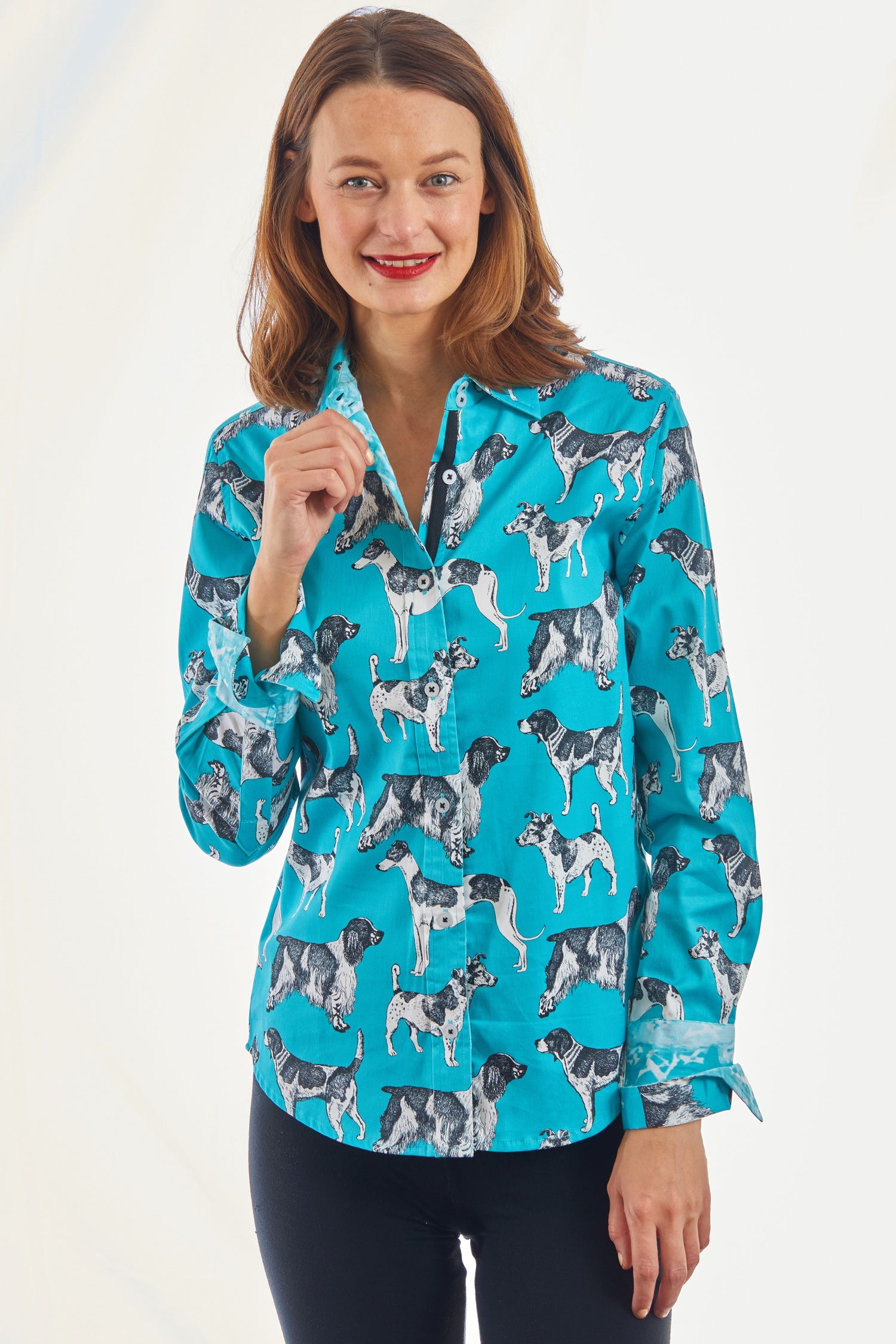 Dizzy Lizzie | Rome Shirt Turquoise Ground Black White Pooches | Cloister Collection | SHIRT