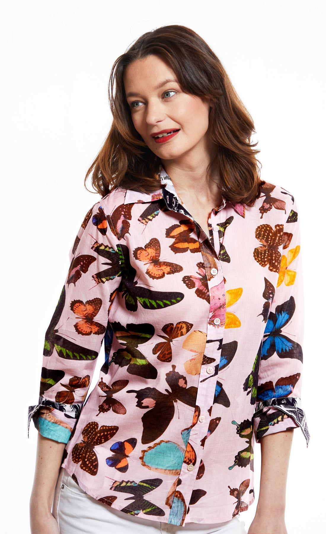 Dizzy Lizzie | Rome Shirt with 3/4 Sleeve, Pink Butterflies | Cloister Collection | SHIRT