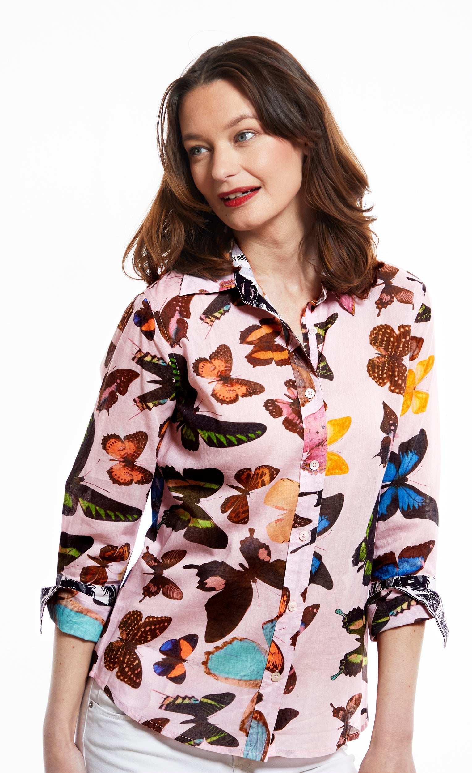Dizzy Lizzie | Rome Shirt with 3/4 Sleeve, Pink Butterflies | Cloister Collection | SHIRT