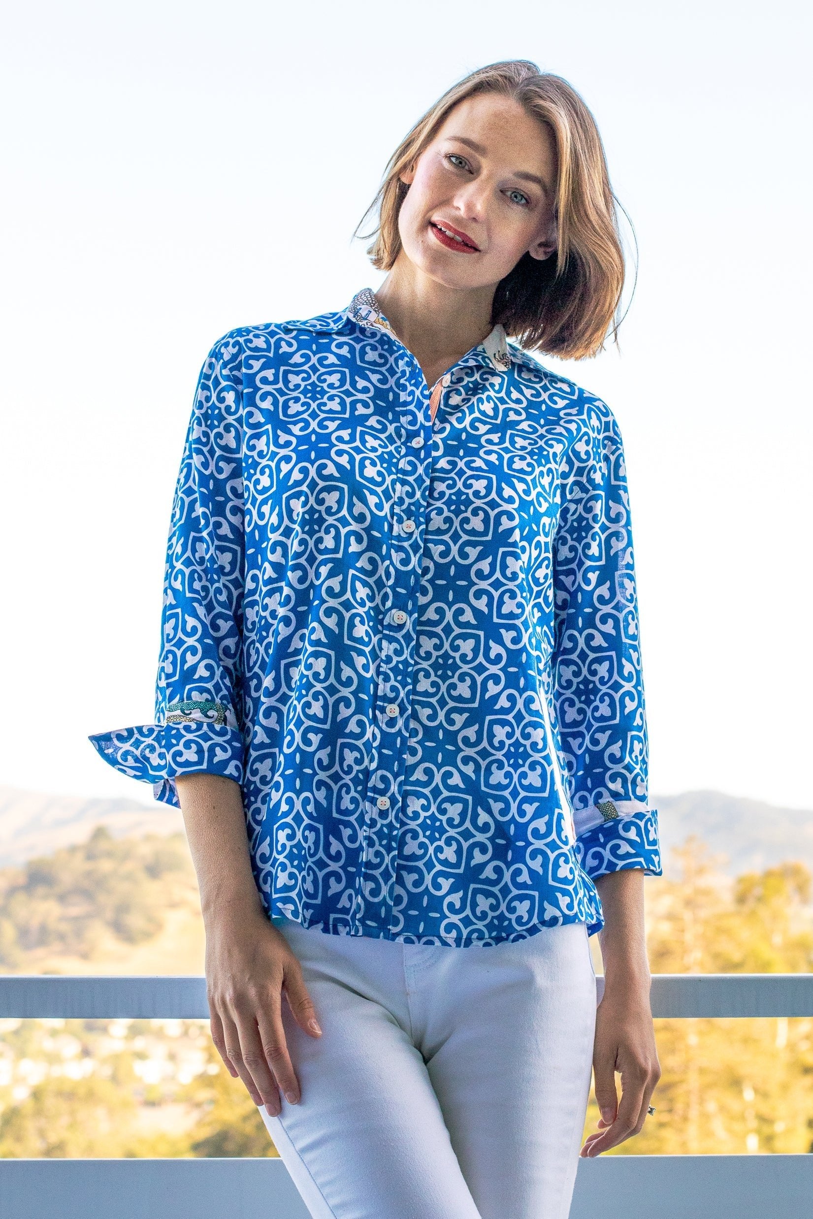 Dizzy Lizzie | Rome Shirt with 3/4 Sleeves Cobalt Blue &amp; White Geometric Print | Cloister Collection | SHIRTS