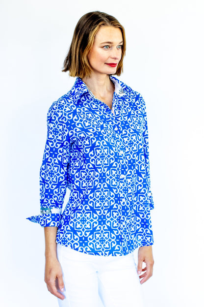 Dizzy Lizzie | Rome Shirt with 3/4 Sleeves Cobalt Blue &amp; White Geometric Print | Cloister Collection | SHIRTS