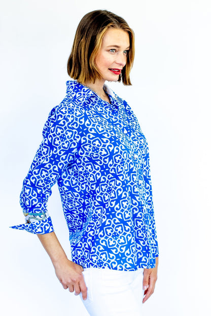 Dizzy Lizzie | Rome Shirt with 3/4 Sleeves Cobalt Blue &amp; White Geometric Print | Cloister Collection | SHIRTS