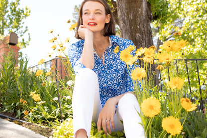 Dizzy Lizzie | Rome Shirt with 3/4 Sleeves Cobalt Blue &amp; White Geometric Print | Cloister Collection | SHIRTS