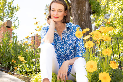 Dizzy Lizzie | Rome Shirt with 3/4 Sleeves Cobalt Blue &amp; White Geometric Print | Cloister Collection | SHIRTS
