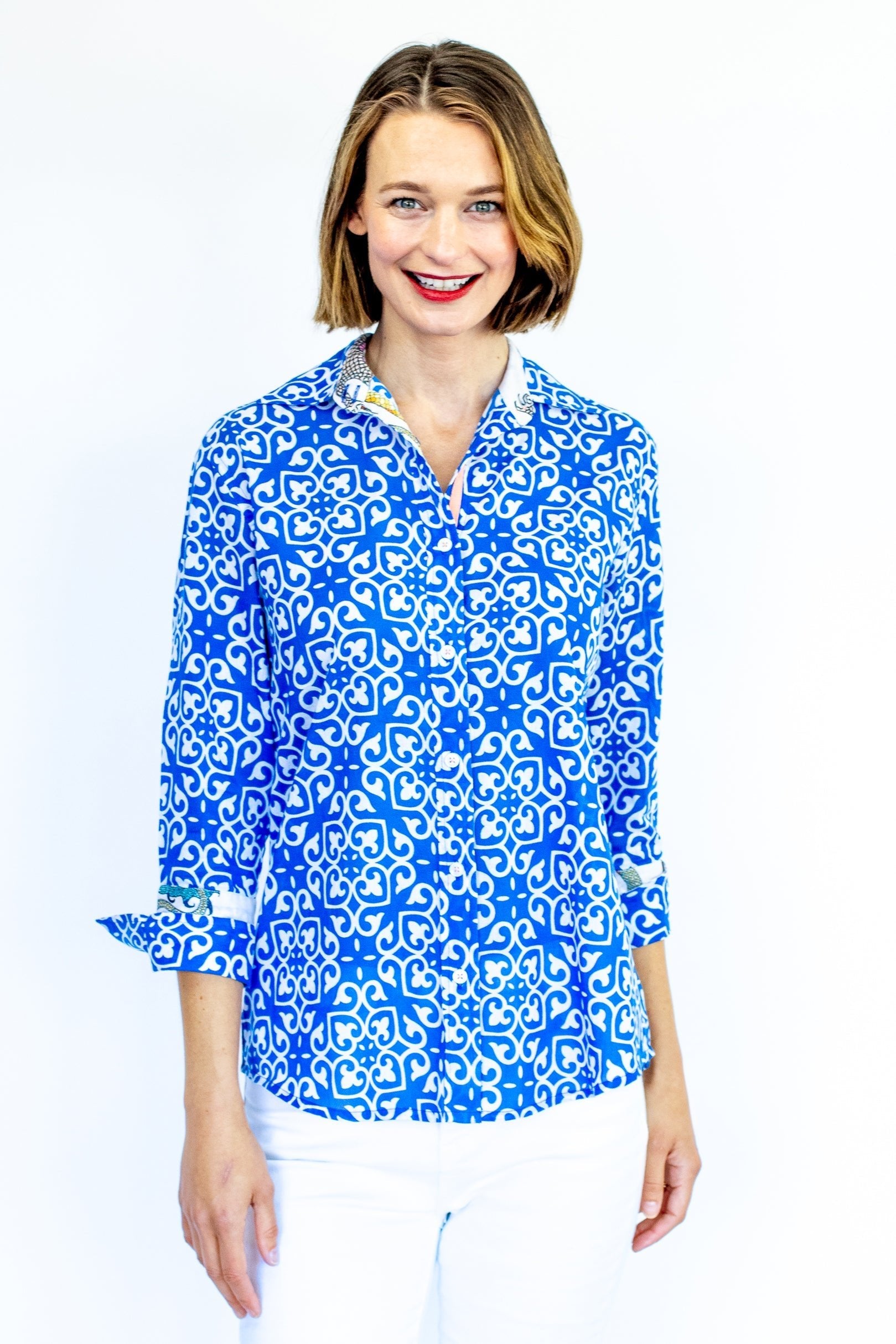 Dizzy Lizzie | Rome Shirt with 3/4 Sleeves Cobalt Blue &amp; White Geometric Print | Cloister Collection | SHIRTS