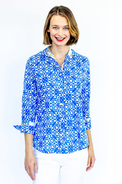 Dizzy Lizzie | Rome Shirt with 3/4 Sleeves Cobalt Blue &amp; White Geometric Print | Cloister Collection | SHIRTS