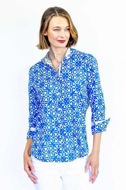 Dizzy Lizzie | Rome Shirt with 3/4 Sleeves Cobalt Blue &amp; White Geometric Print | Cloister Collection | SHIRTS