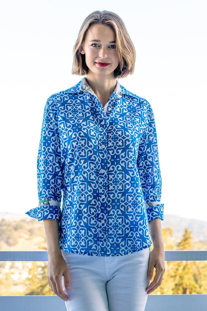 Dizzy Lizzie | Rome Shirt with 3/4 Sleeves Cobalt Blue &amp; White Geometric Print | Cloister Collection | SHIRTS