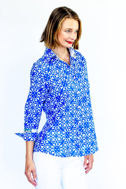 Dizzy Lizzie | Rome Shirt with 3/4 Sleeves Cobalt Blue &amp; White Geometric Print | Cloister Collection | SHIRTS