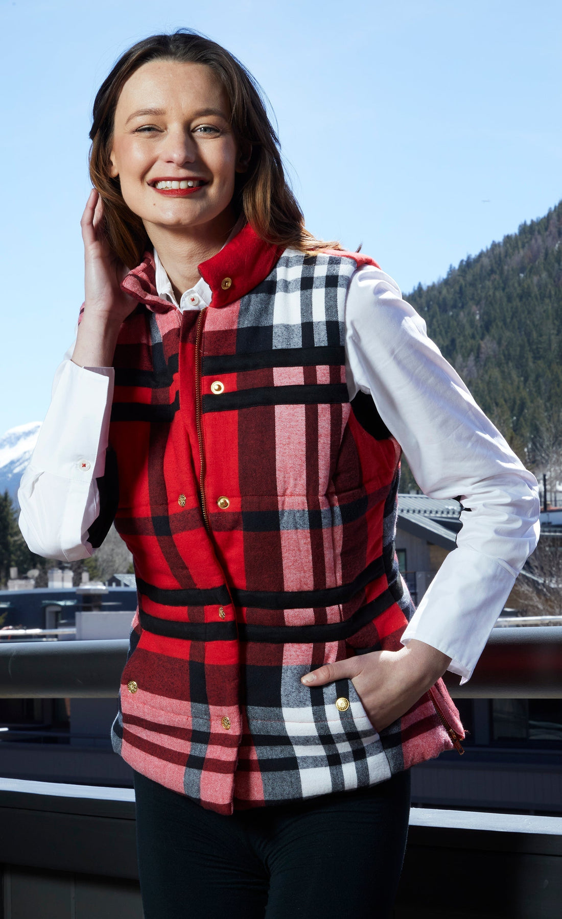 Dizzy Lizzie | Rosey Vest With Contrast Lining In Red Yarndyed Flannel Plaid | Cloister Collection | VESTS