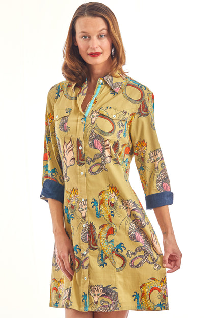 Dizzy - Lizzie | Sag Harbor Dress Khaki Dragons Print | Cloister Collection | DRESSES