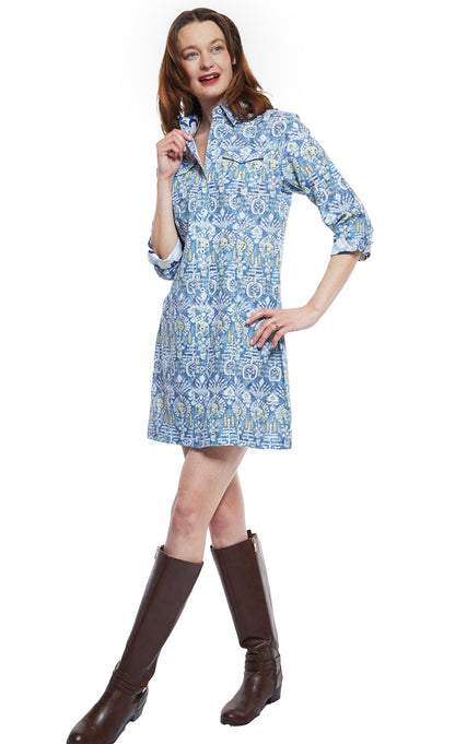 Dizzy Lizzie | Sag Harbor Dress With Blue Kilim Print | Cloister Collection | DRESSES