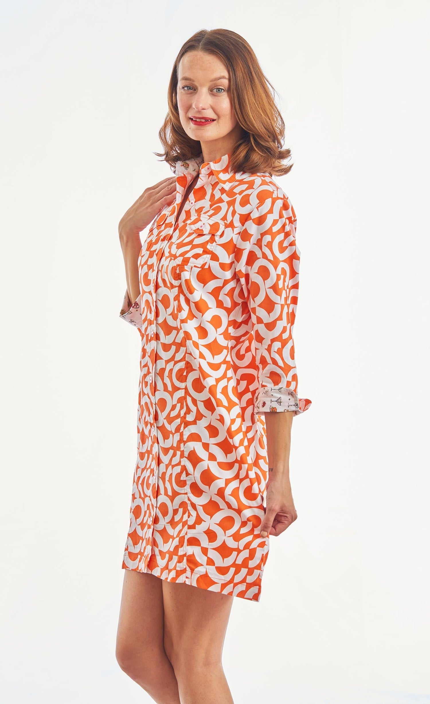 Dizzy Lizzie | Sag Harbor Shirtdress Orange White Broken Circles | Cloister Collection | DRESSES