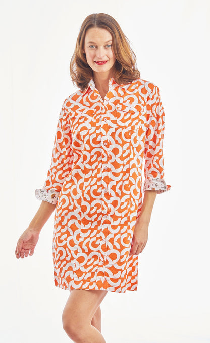 Dizzy Lizzie | Sag Harbor Shirtdress Orange White Broken Circles | Cloister Collection | DRESSES