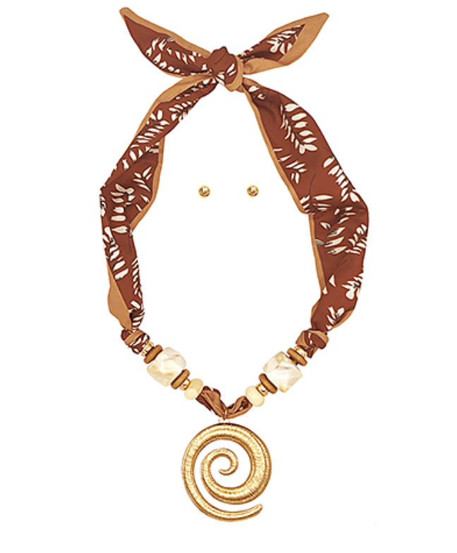 Brown necklace with gold spiral pendant and beads on a white background